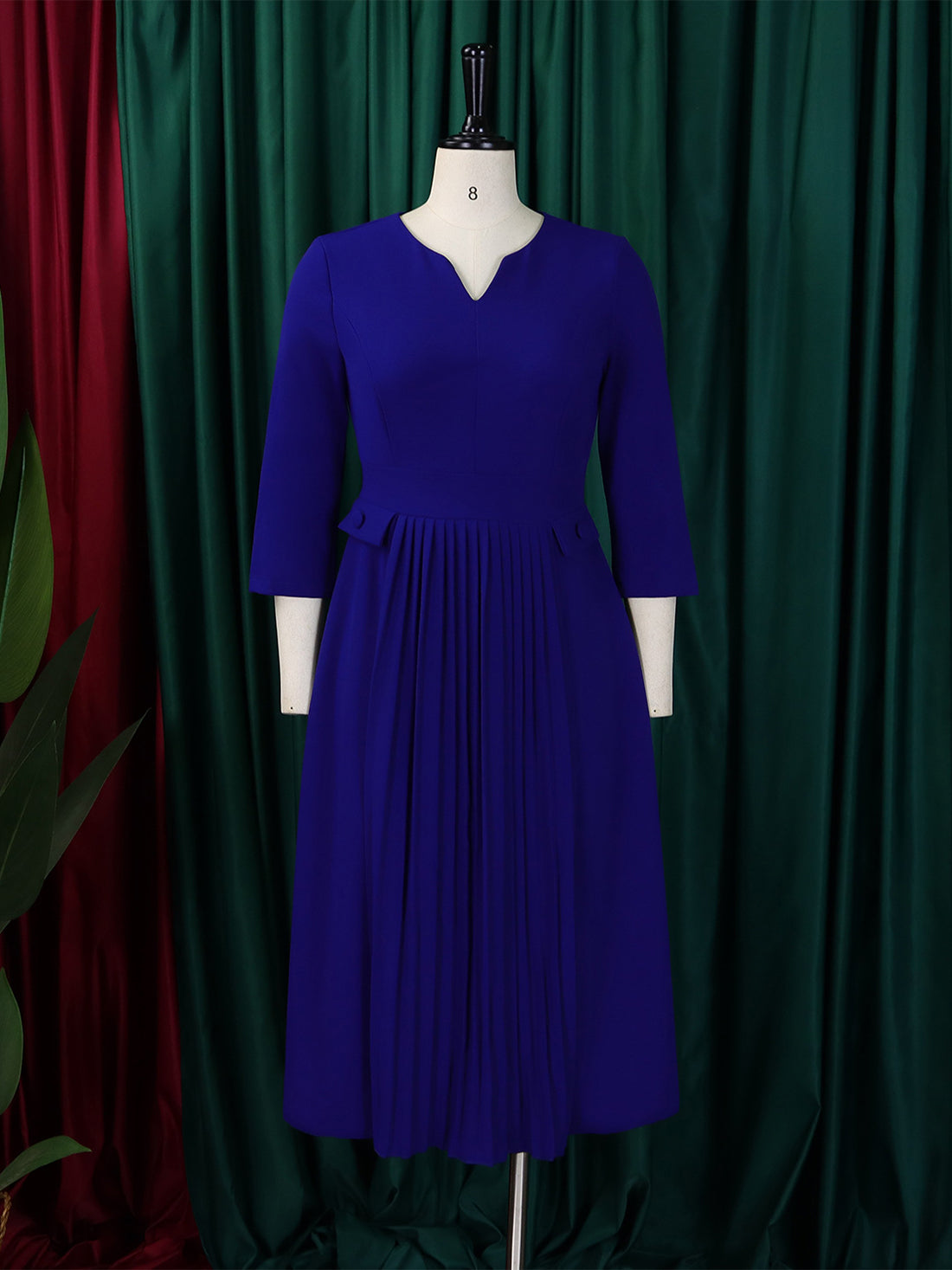 Business Casual Round Neck Slim Pleated Midi Dress