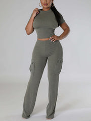 Solid Short Sleeve Top Wide-leg Pants Two-Piece Set