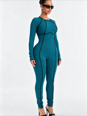 Contrast Seam Long Sleeve Fitted Jumpsuit