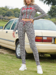 Casual Leopard Print Zipper Top and Skinny Pants Sets
