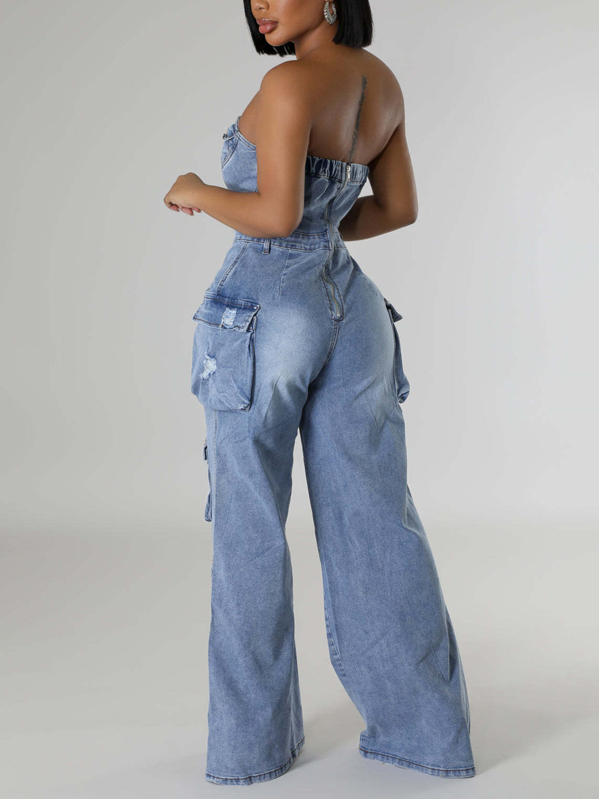 Fashion Strapless Cargo Denim Jumpsuit