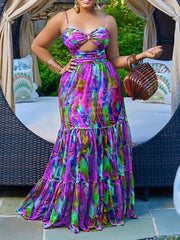 Strap Floral Print Large Swing Hollow Out Dress