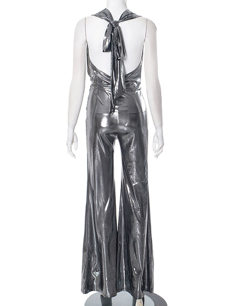 Sexy Halter Metallic Shiny Ruched Jumpsuits