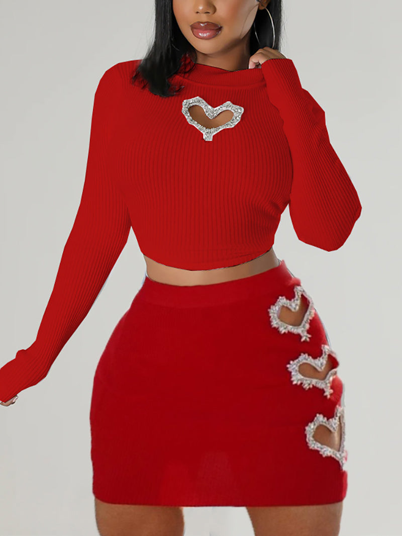 Heart-shaped Hollowed Crop Skirt Sets