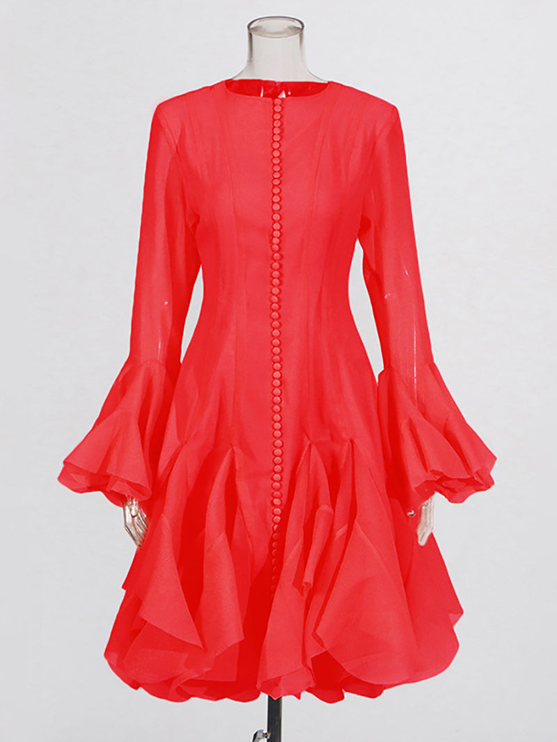 Round Collar Flare Sleeve Patchwork Ruffle Midi Dress