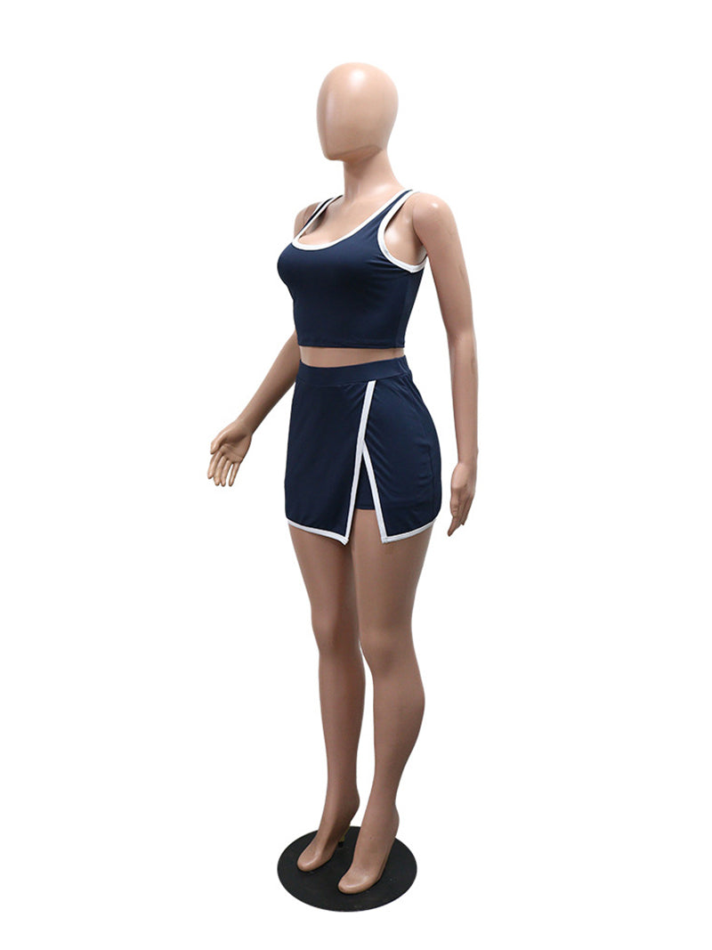 Casual Cropped Tank Vest And Short Skirt Sports Set