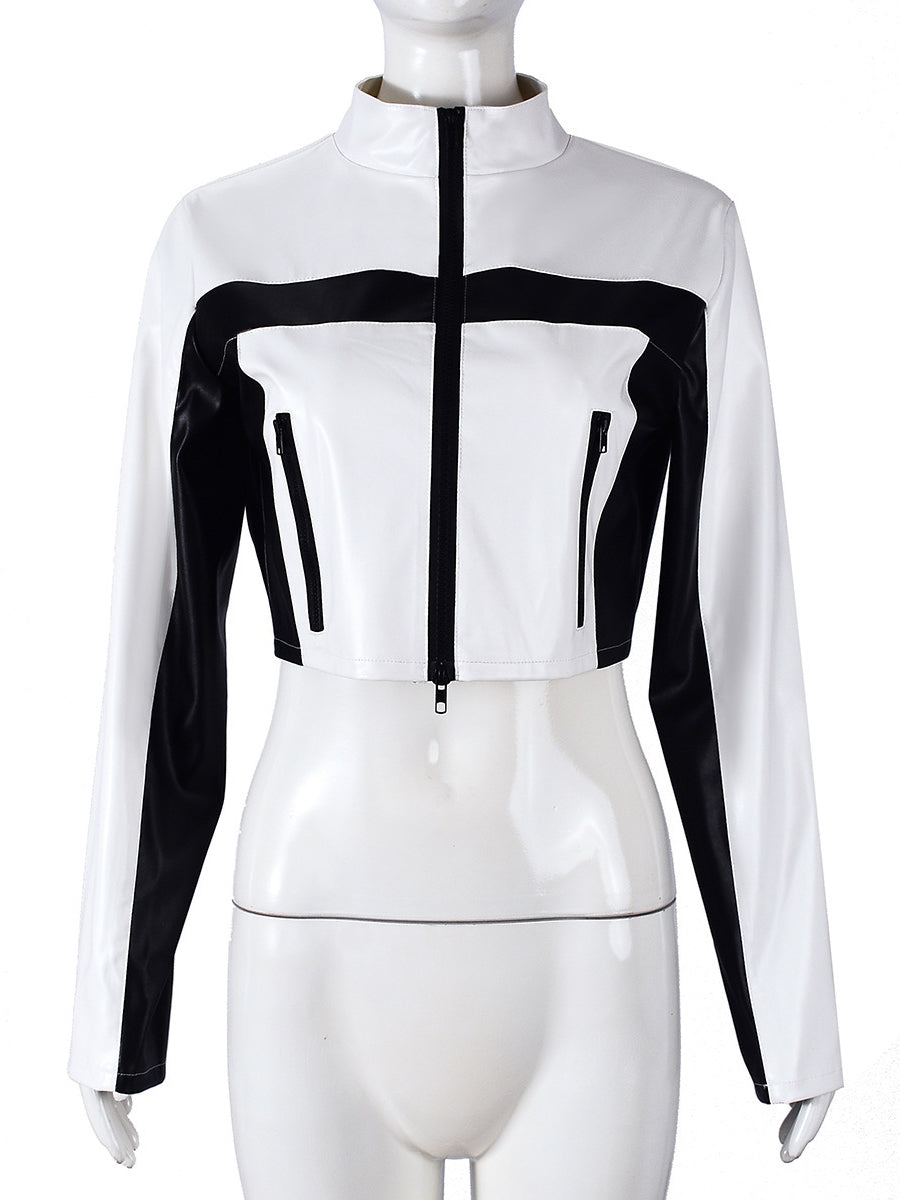 Fashion Faux Leather Color block Zip Up Crop Jacket