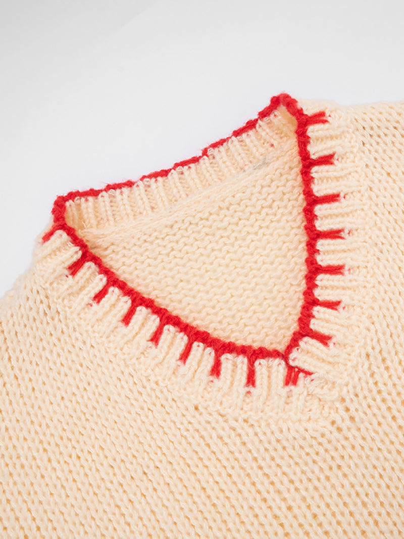 Casual V Neck Loose Contrast Stitch Chunky Knit Sweater