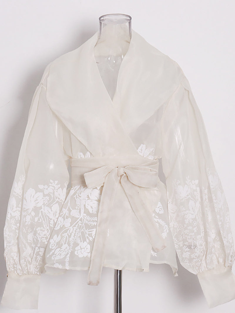Vintage Floral Pattern Lapel Mesh Blouse