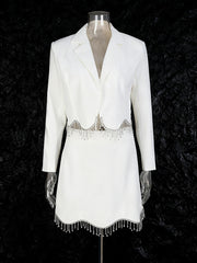 Fashion Cropped Fringe Blazer And Skirt Set