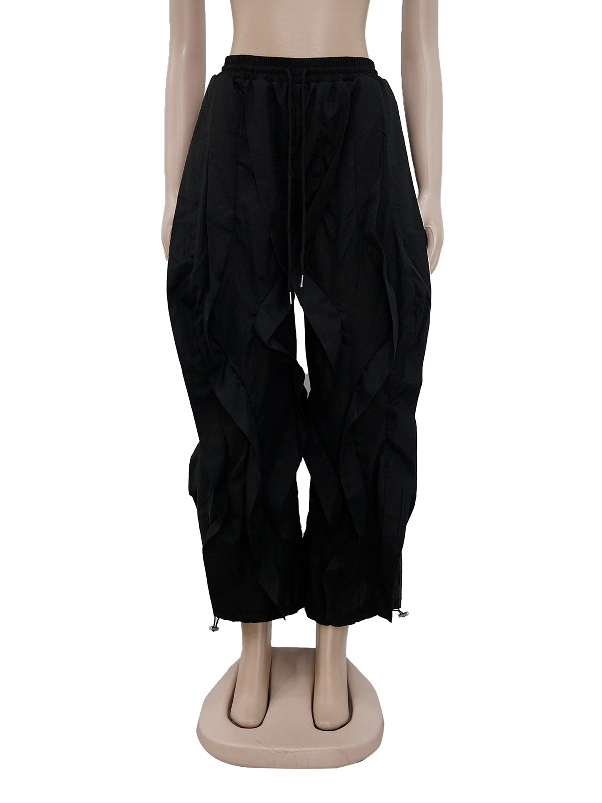 Casual Elastic Waist Drawstring Wave Pleated Pants