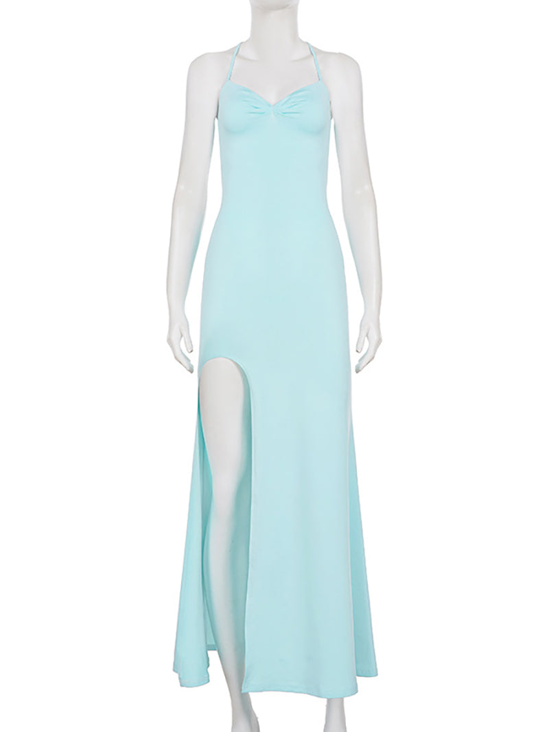 Sexy Backless Bandage Bow High Slit Maxi Dress
