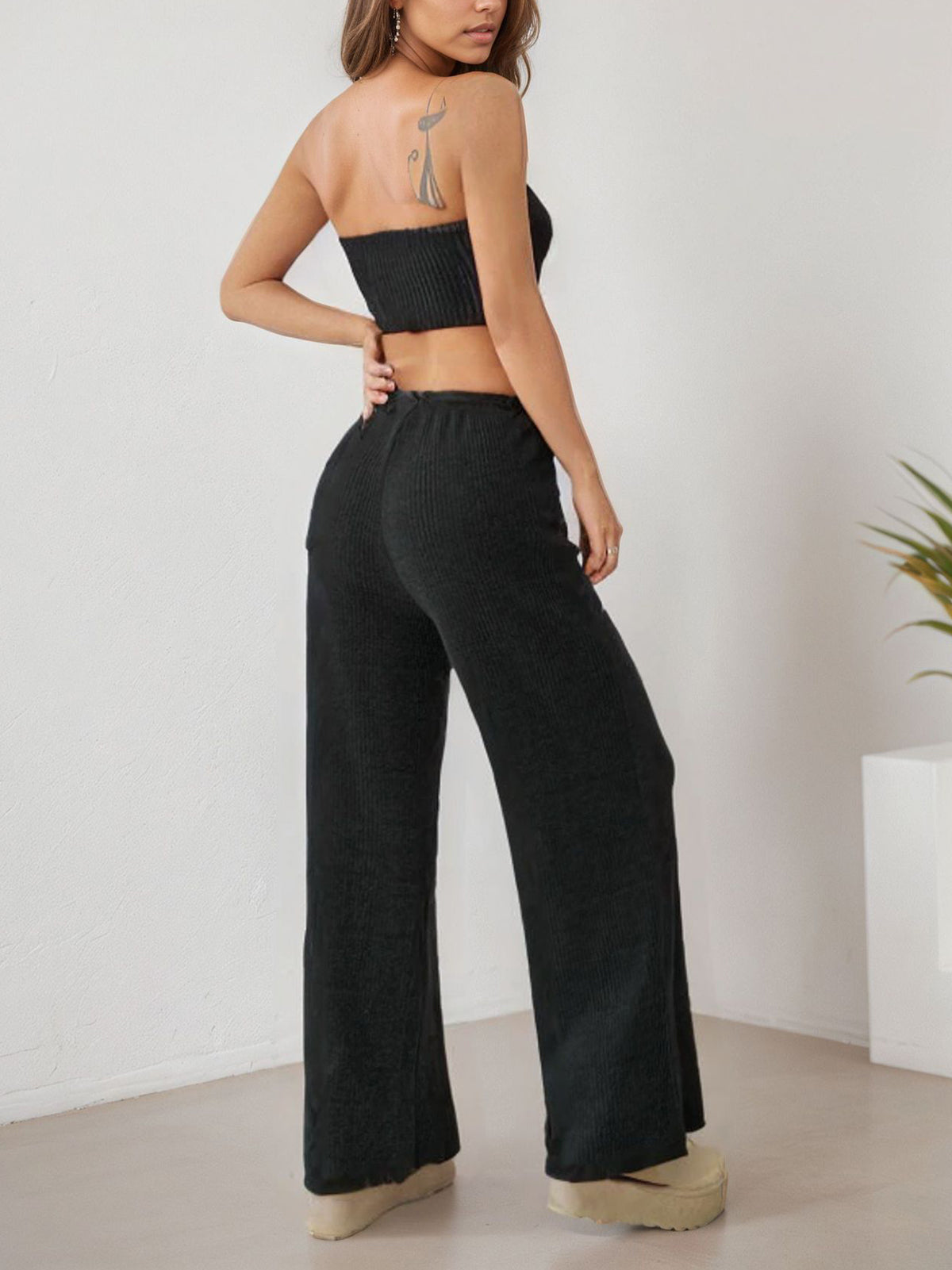 Ribbed Knit Asymmetric Strapless Top And Pants Set