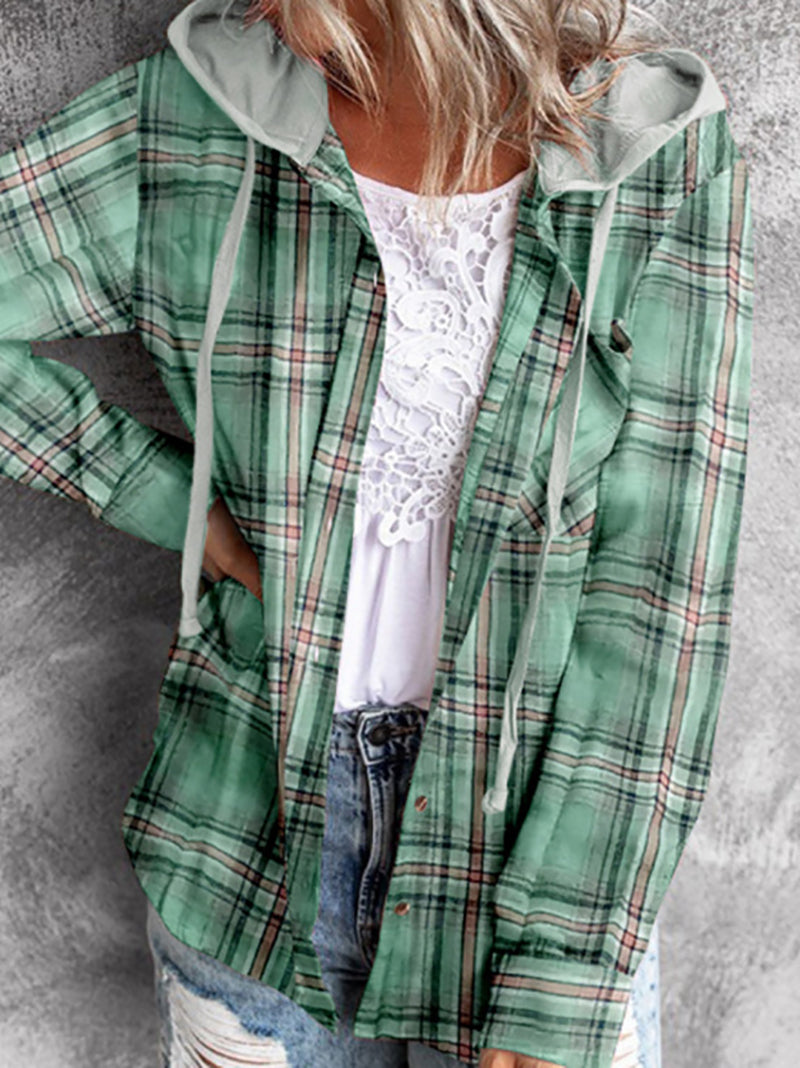 Casual Plaid Hooded Drawstring Button Down Shirt