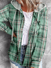 Casual Plaid Hooded Drawstring Button Down Shirt