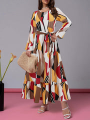 Casual Print Long Sleeve Bandage Midi Dress