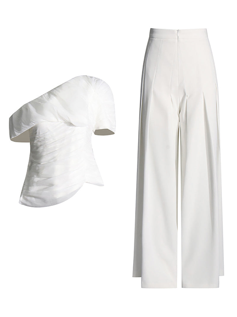 Fashion White Feather Pleated Two Piece Suit