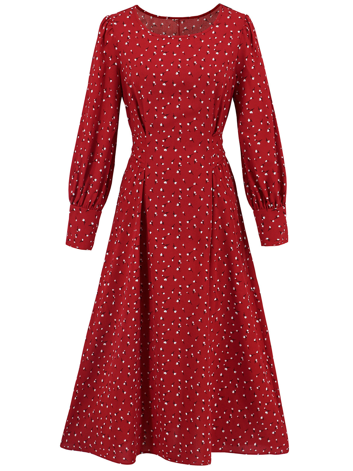 Casual Print Lantern Sleeve Belted Midi Dress