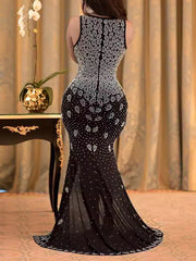 Sexy V Neck Sheer Mesh Rhinestone Decor Dress