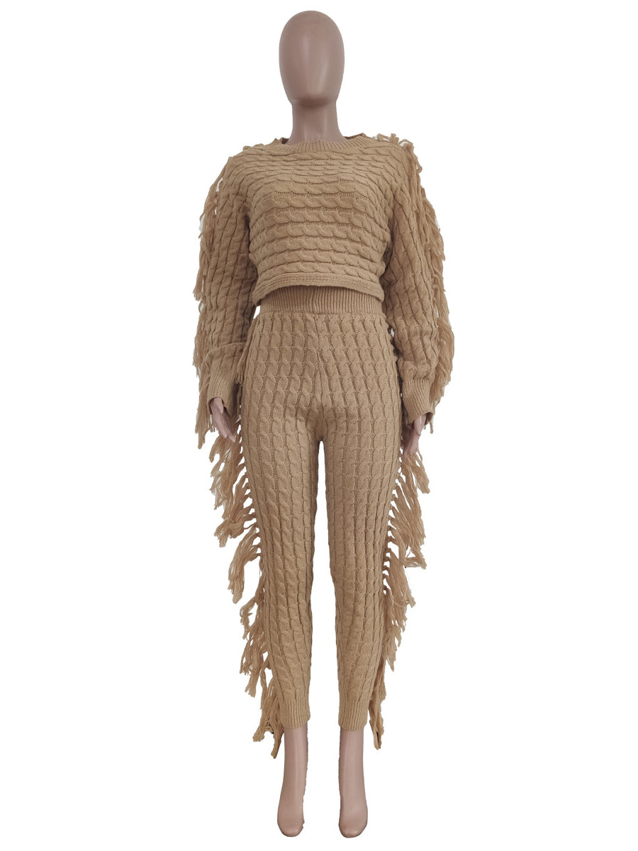 Fashion Knit Tassels High Waist Trousers Sets