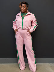 Color Block Zip Top and Wide Leg Pants Set