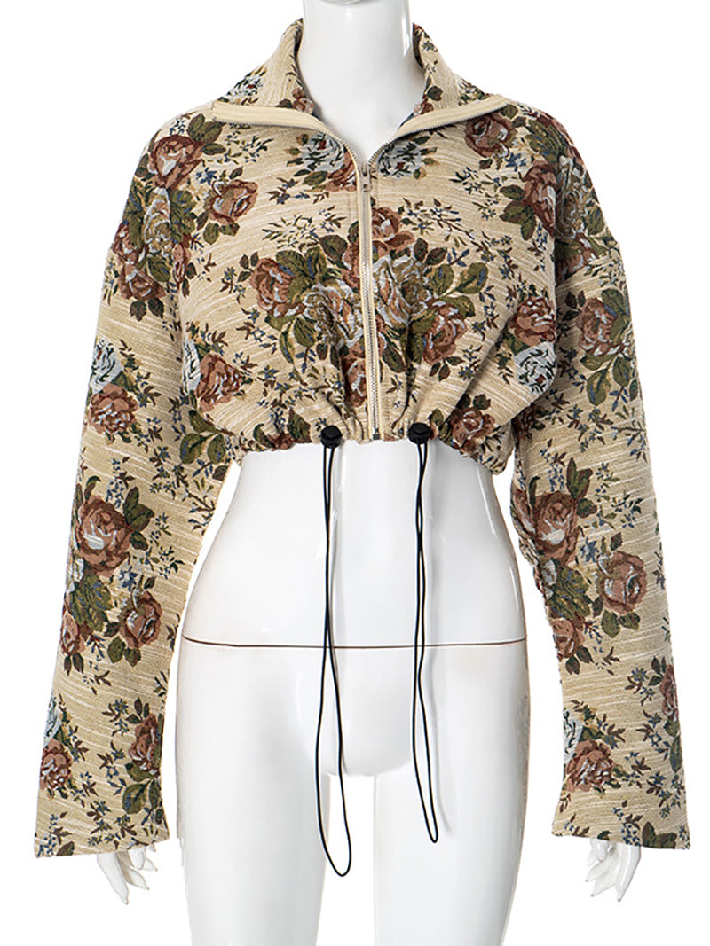 Fashion Floral Print Drawstring Cropped Jacket