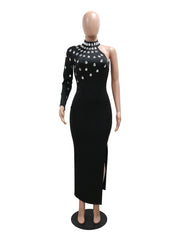 Round Neck Rhinestone High Slit Single Sleeve Dress