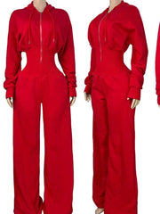 Fleece Hooded Zip Front Wide Leg Jumpsuit