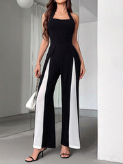 Sexy Black White Color Block Halterneck Jumpsuit
