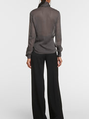 Fashion Ribbon See through Long Sleeve Silk Blouse
