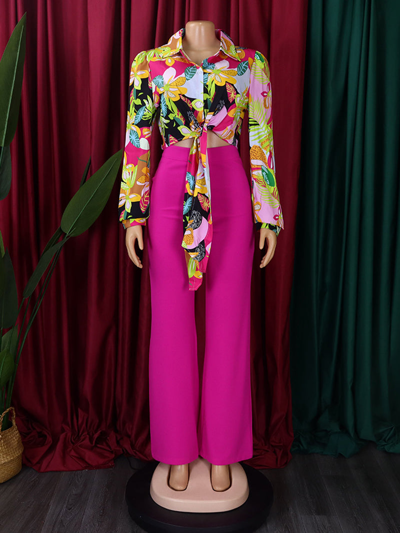 Elegant Print Bandage Top Wide Leg Pants Casual Set