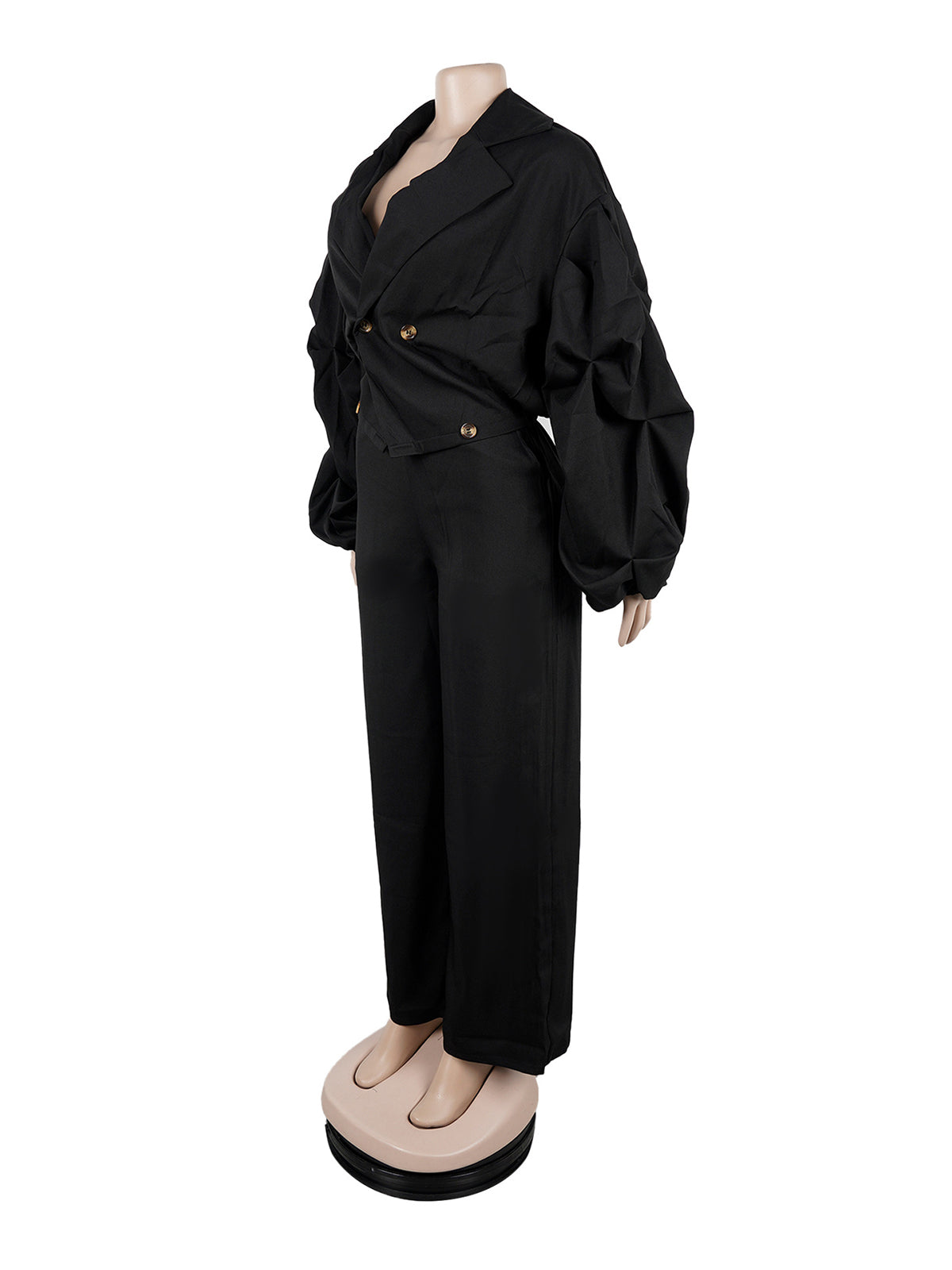 Turn-down Collar Pleated Sleeve Straight Pants Set