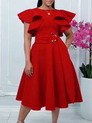 Elegant Ruffle Sleeve Cinched Waist Party Dress