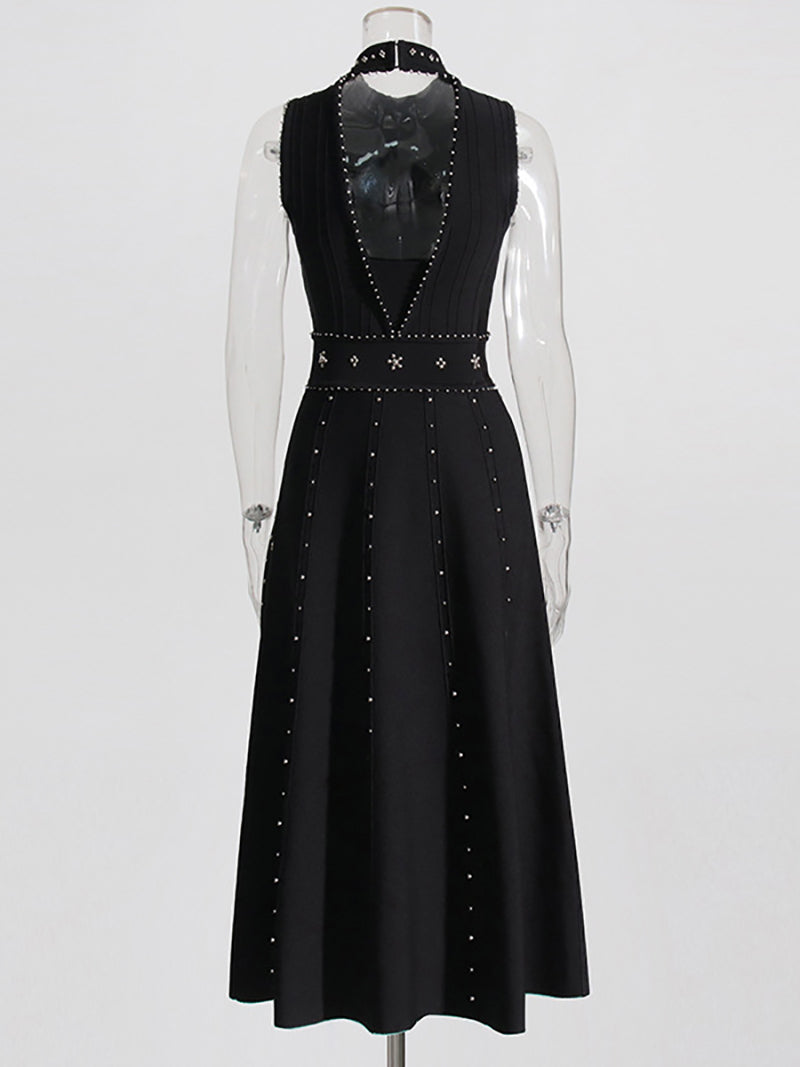 Elegant Sleeveless Crystal-Embellished Midi Dress