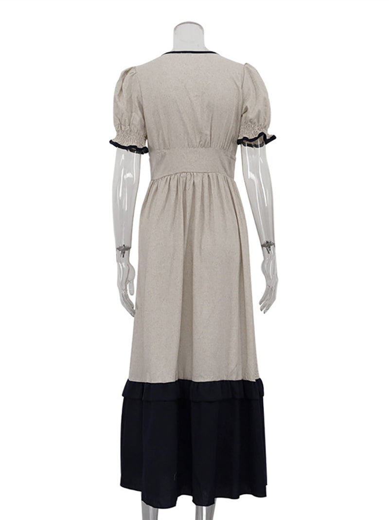 Casual V Neck Contrast Color Maxi Dress