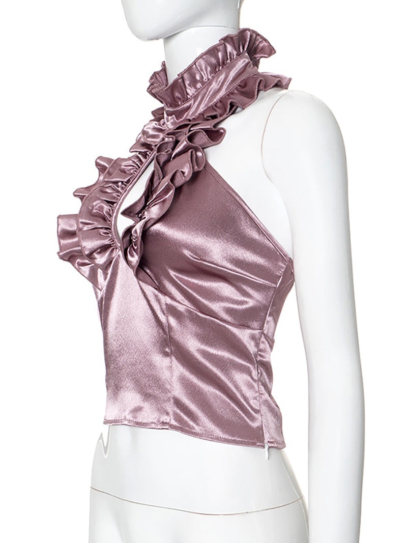 Shimmering Ruffled Sleeveless Halter Top