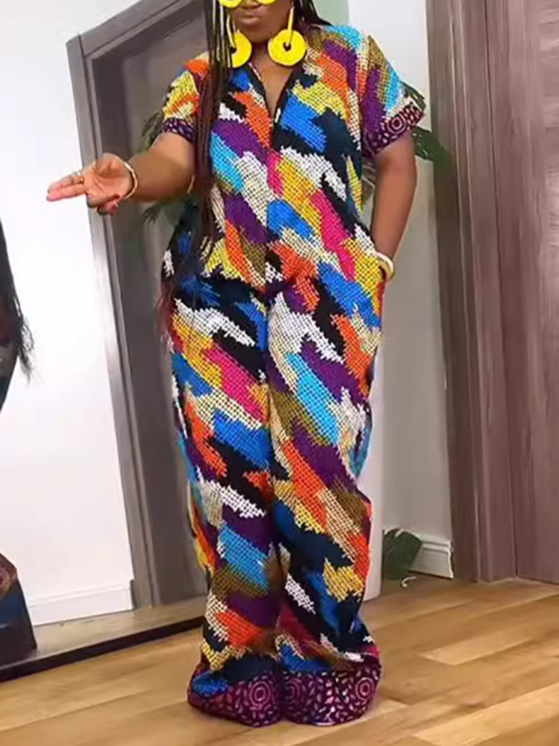 Casual Print Zipper Wide Leg Jumpsuit