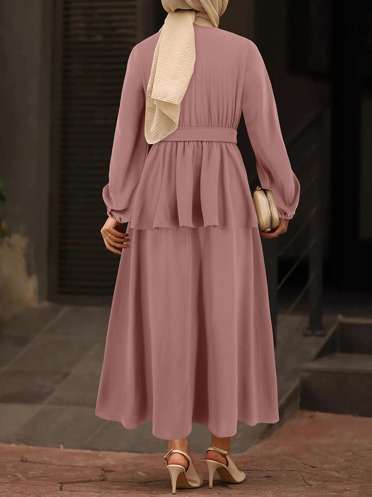 Solid Color Muslim Long Sleeve Midi Skirt Two Piece Set