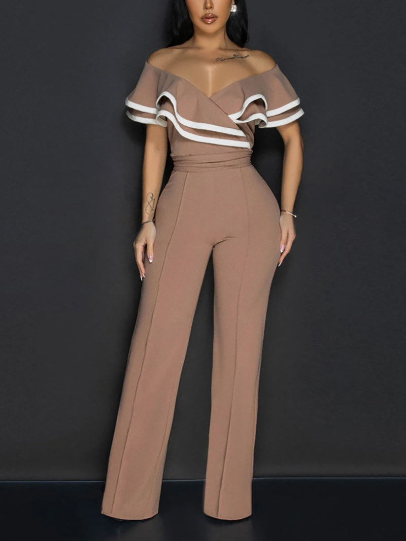 Sexy Off Shoulder Ruffles Colorblock Belted Jumpsuit