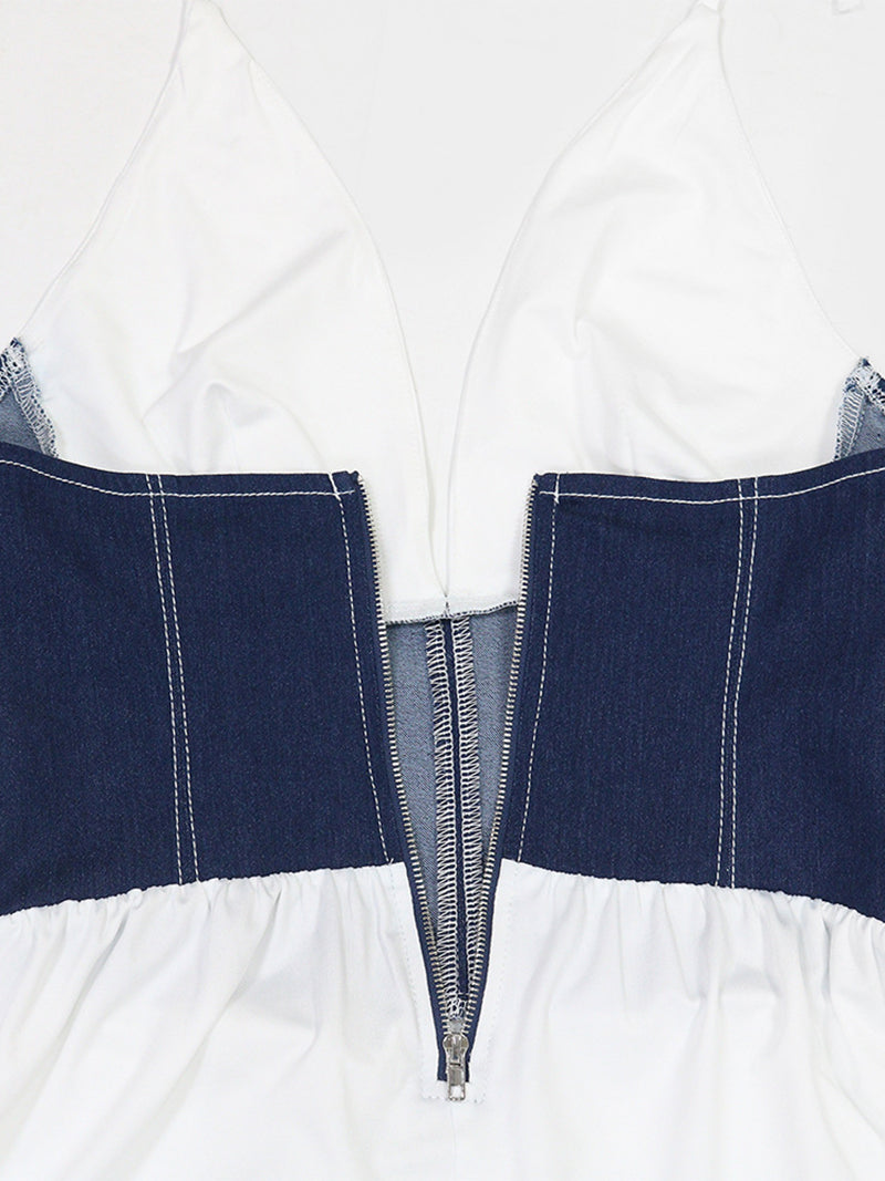 Sexy Deep V Denim Patchwork Cinched Waist Maxi Dress
