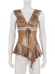 Fashion Plunging Asymmetric Ruffle Print Blouse