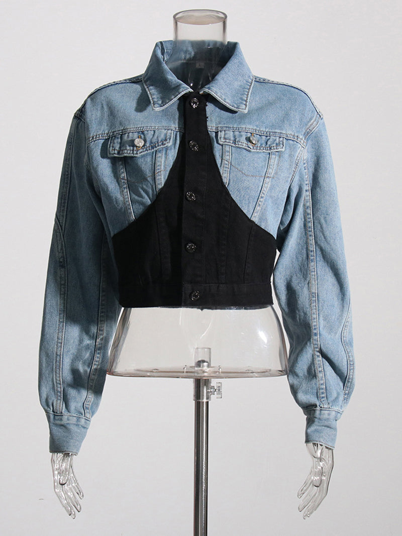 Fashion Cinched Waist Patchwork Denim Crop Jacket