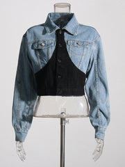 Fashion Cinched Waist Patchwork Denim Crop Jacket