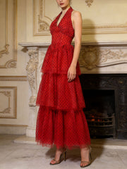 Elegant Halter Polka Dot Ruffle Maxi Dress