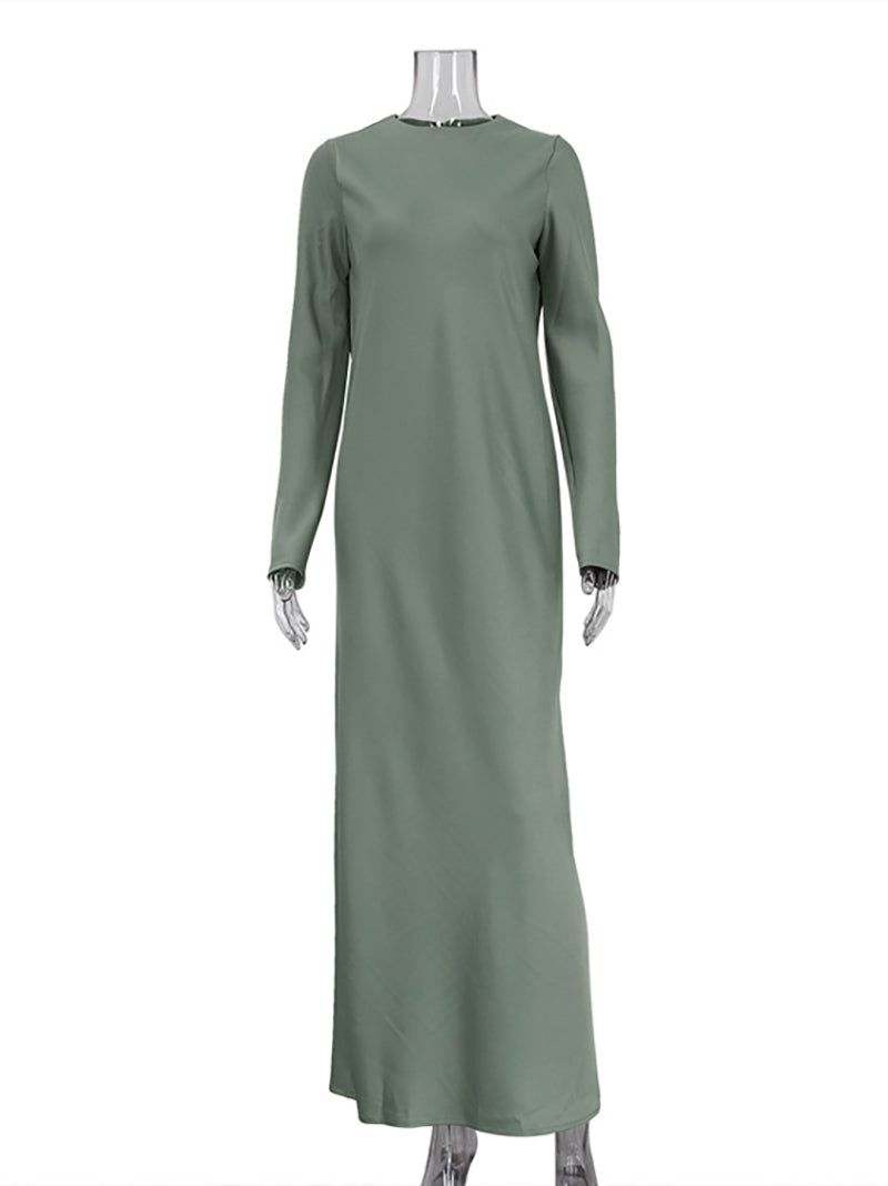 Round Neck Satin Elegant Split Maxi Dress