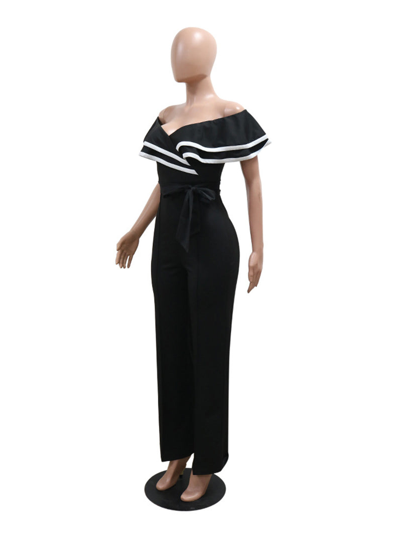 Sexy Off Shoulder Ruffles Colorblock Belted Jumpsuit