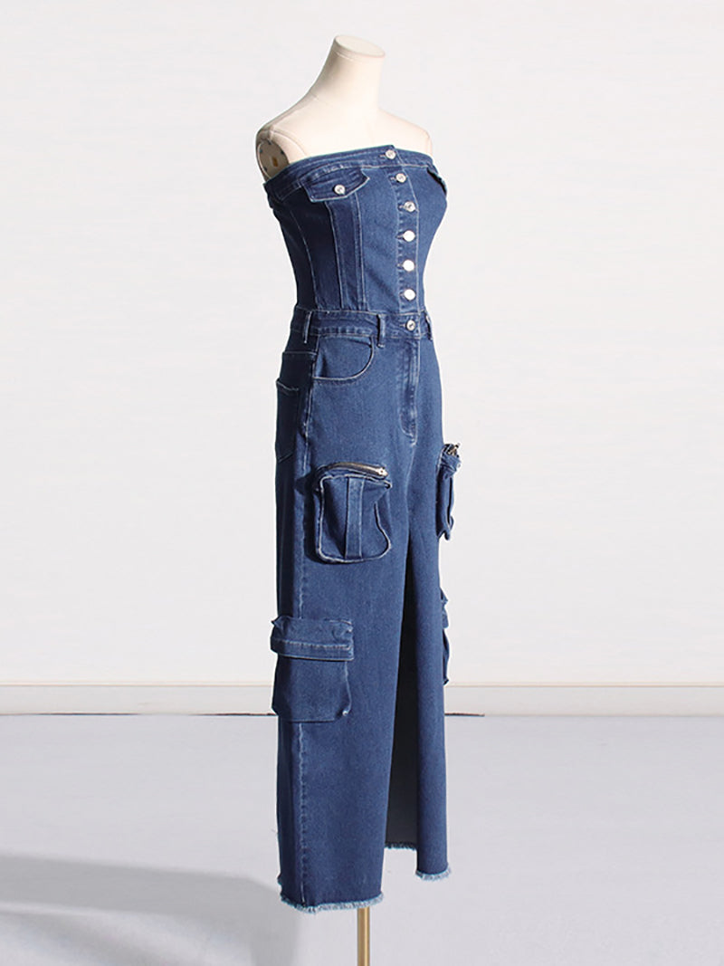 Fashion Slit Fitted Cargo Denim Tube Dress