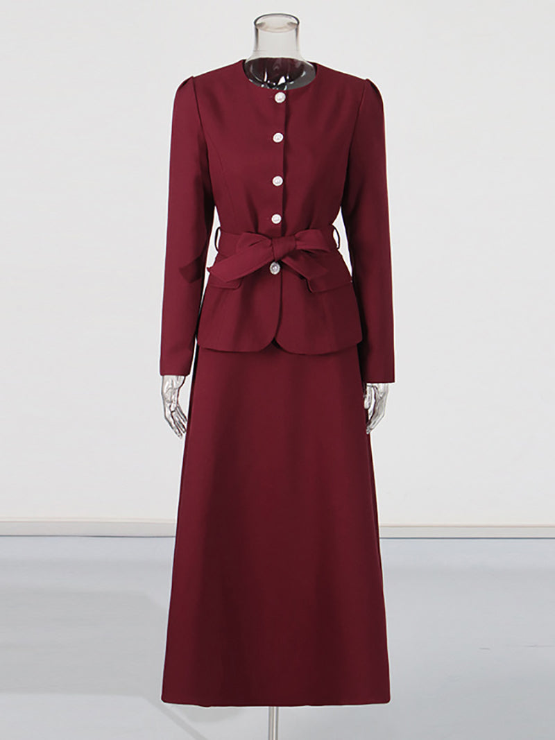 Round Neck Single Breasted Slim Top and Long Skirt Set