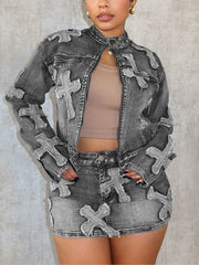 Crucifix Denim Jacket Short Skirt Sets