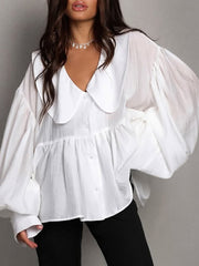 Casual V Neck Bubble Sleeve Loose Top
